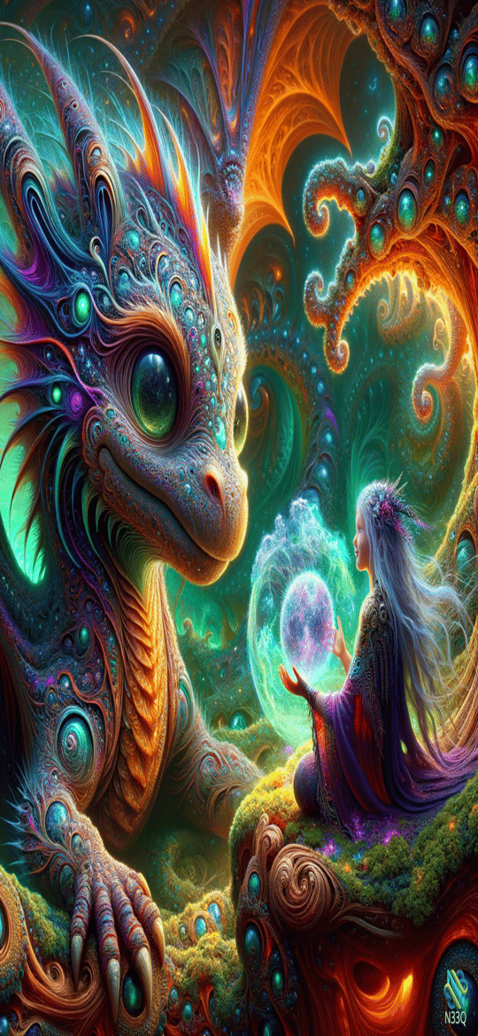 Dragon and Sorceress with Glowing Orb