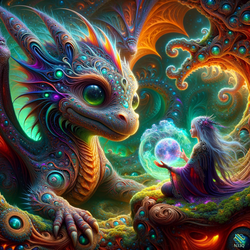 Dragon and Sorceress with Glowing Orb