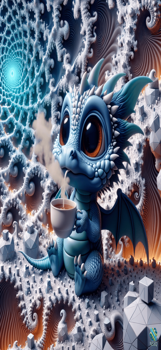 Cute Blue Dragon Sipping Coffee in Fractals
