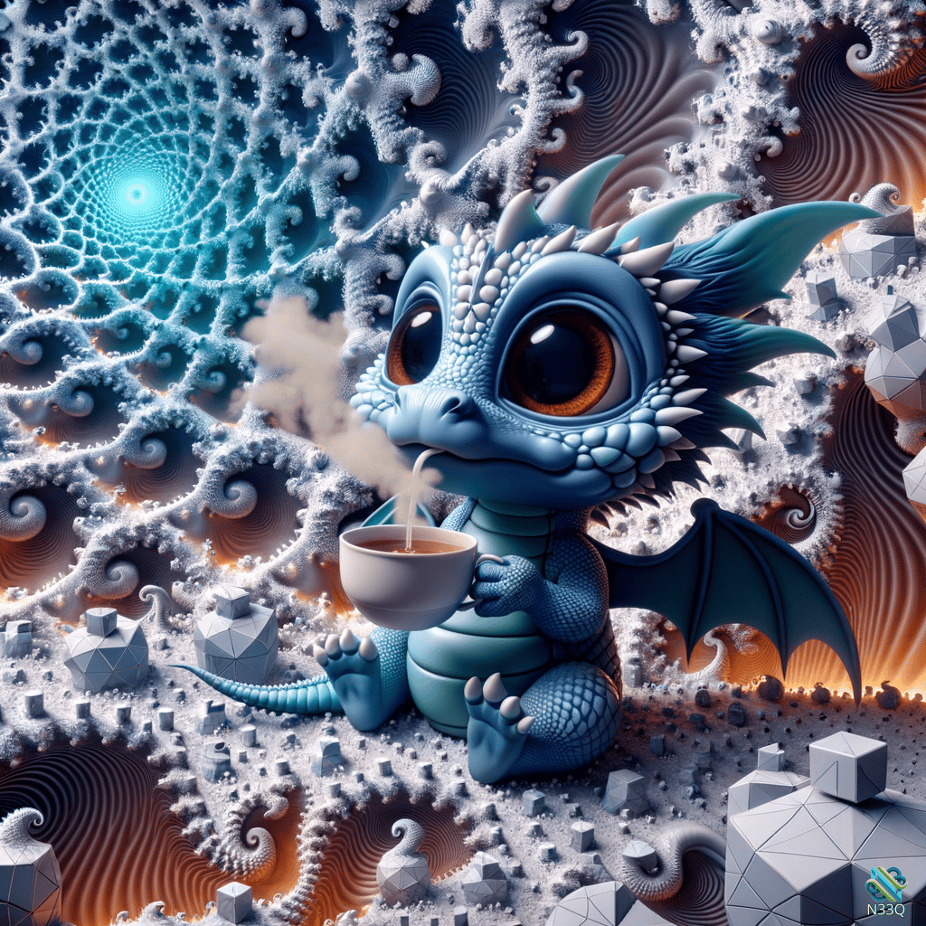Cute Blue Dragon Sipping Coffee in Fractals