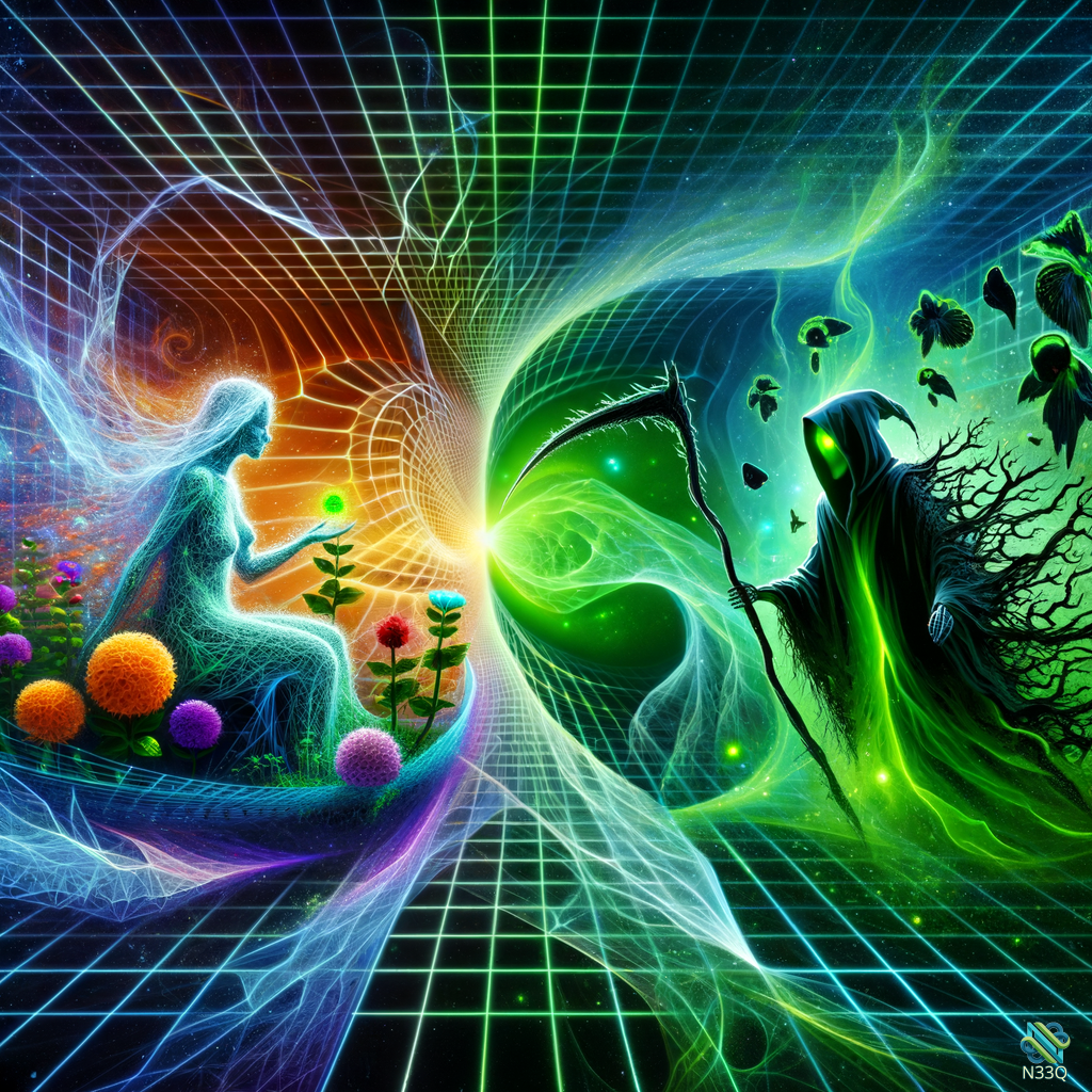 Ethereal Goddess Facing Grim Reaper in Neon Grid