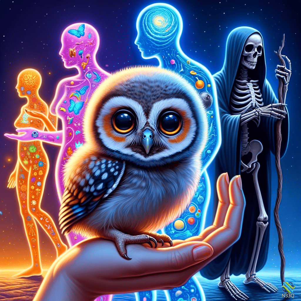 Owl Perched on Hand with Cosmic Figures