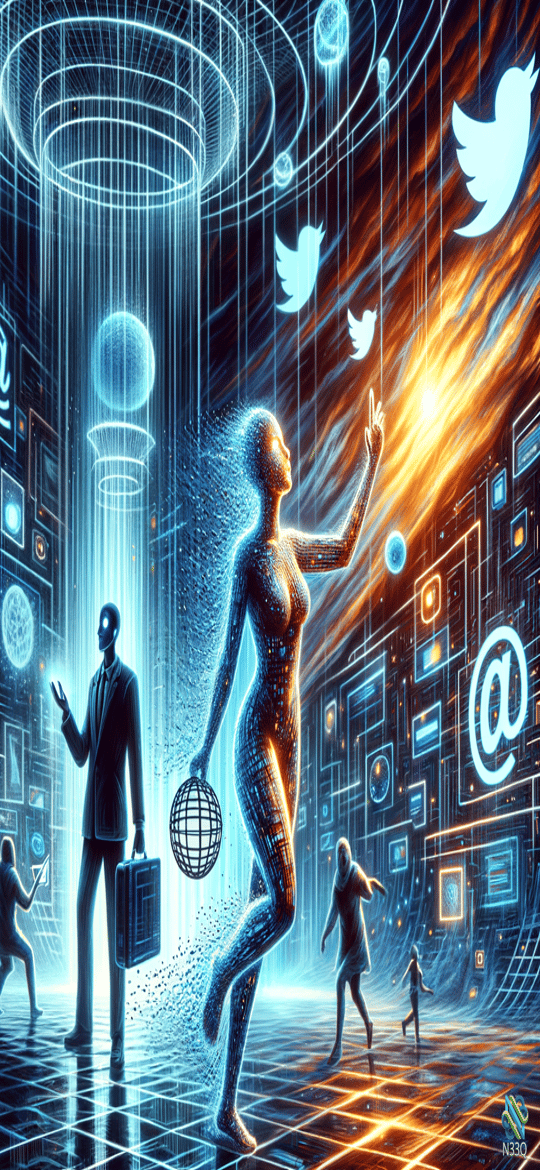 Glowing Woman Reaching in Digital Realm