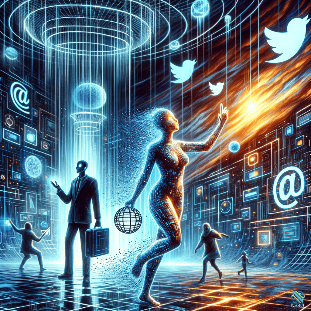 Glowing Woman Reaching in Digital Realm
