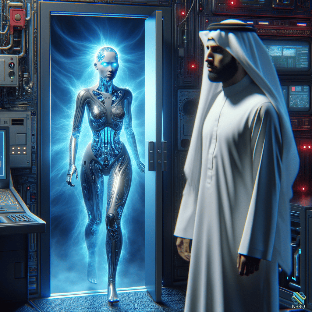 Man in Robes Faces Blue Cyborg Portal