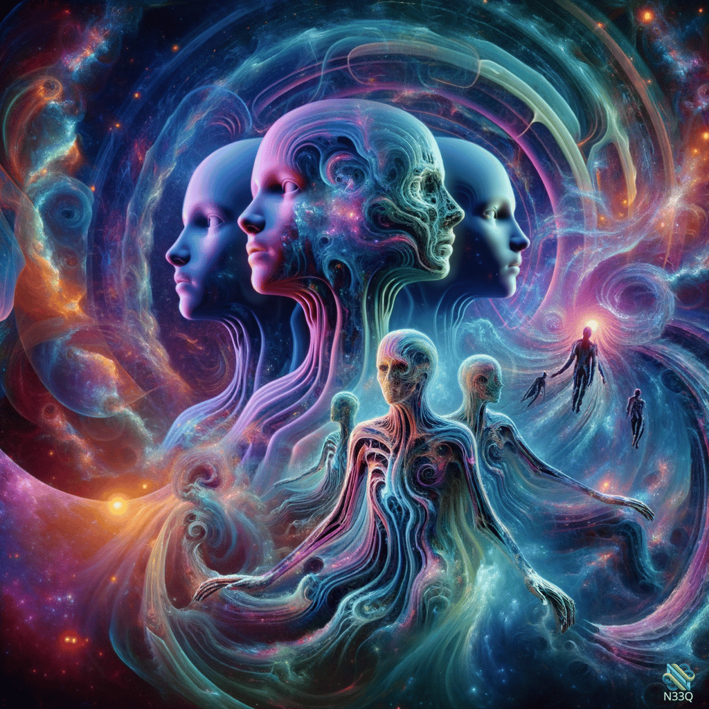 Ethereal Figures in Cosmic Nebula Swirl