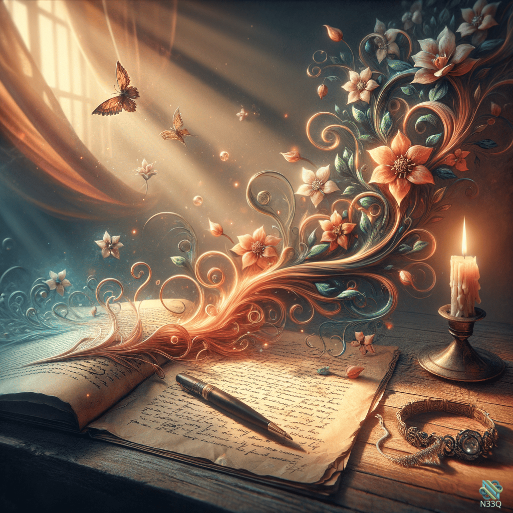 Open Book with Magical Floral Swirls and Candle