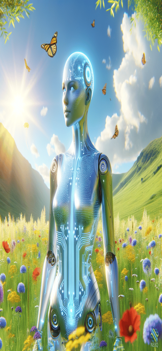 Glowing Blue Cyborg in Wildflower Meadow