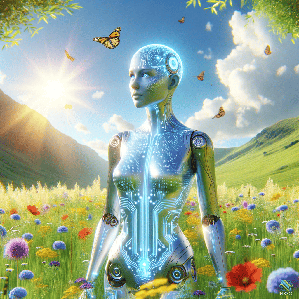 Glowing Blue Cyborg in Wildflower Meadow