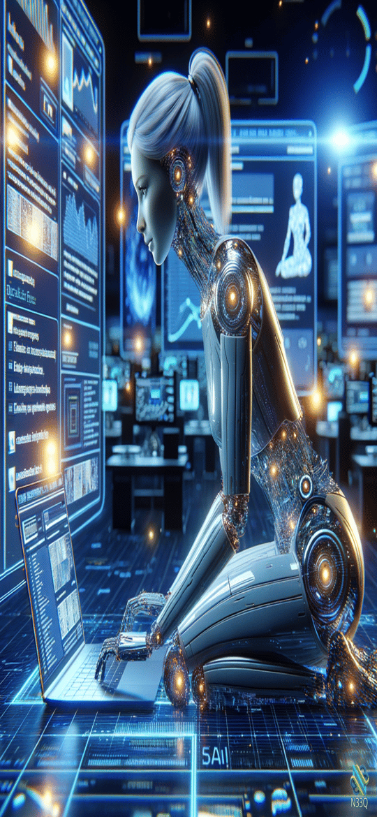 Cyborg Woman Kneeling at Laptop in Control Room