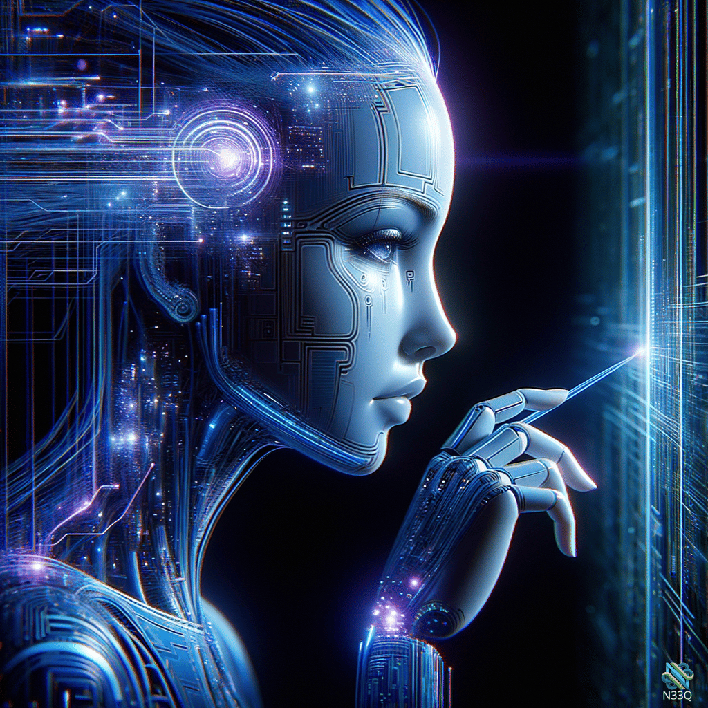 Cyborg Woman Touching Glowing Digital Interface