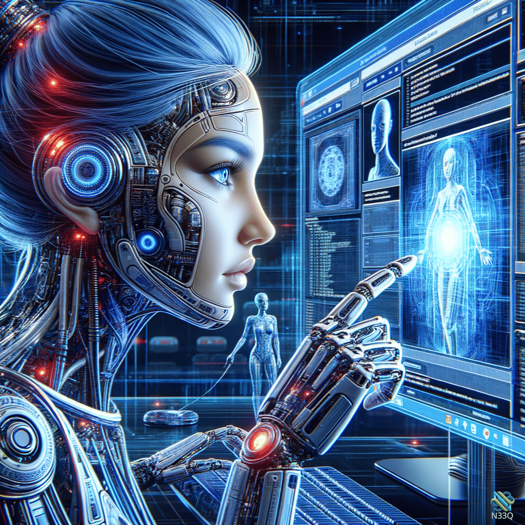 Cyborg Woman Pointing at Holographic Display
