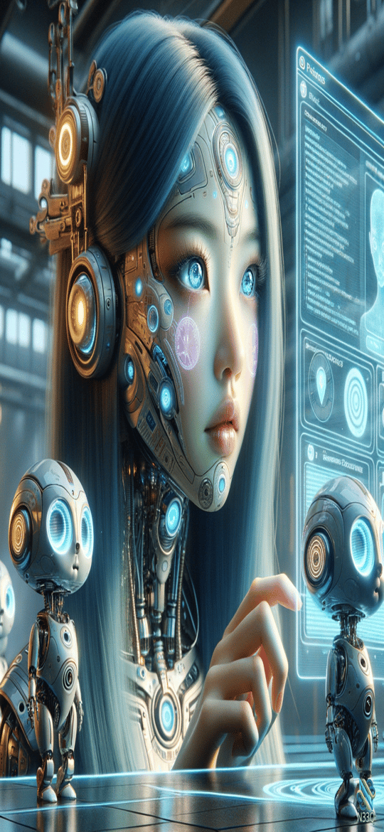 Cyborg Woman Reaching for Tiny Robots