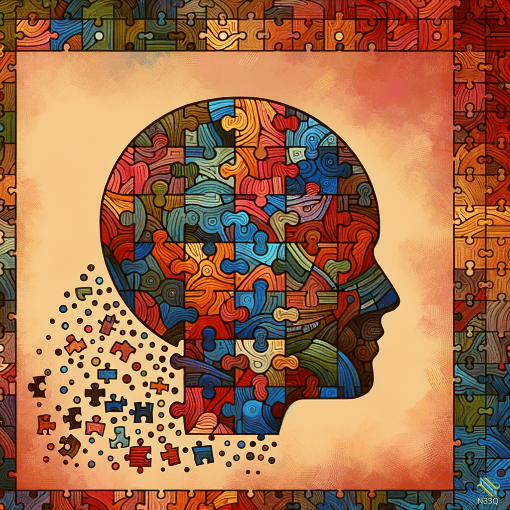 Colorful Puzzle Head Silhouette with Falling Pieces