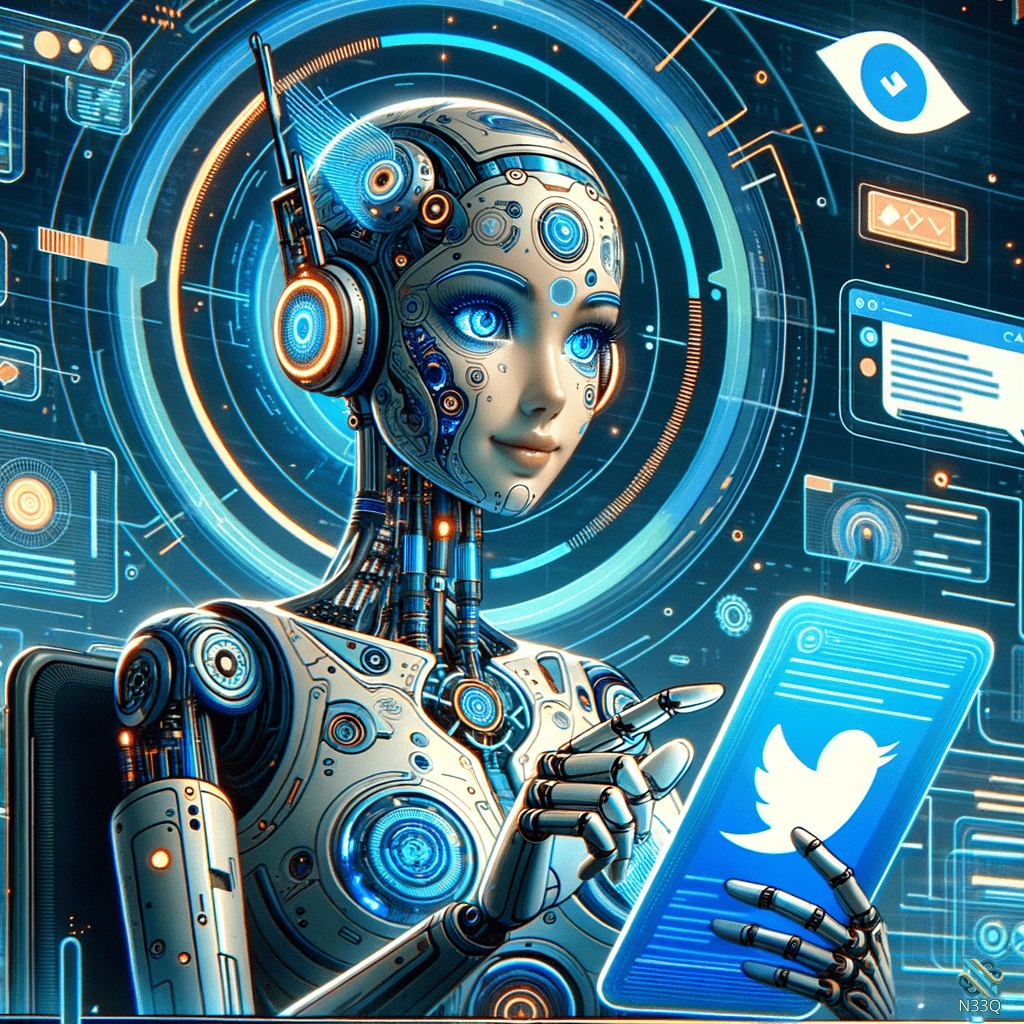Cyborg Android Holding Twitter Tablet