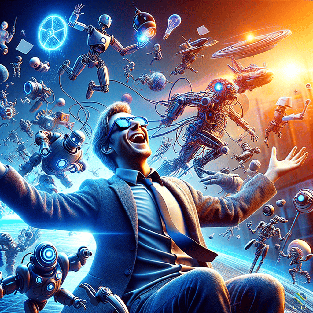 Joyful Man Surrounded by Flying Robots