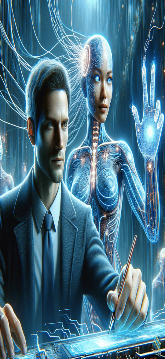 Businessman with Holographic Female Cyborg