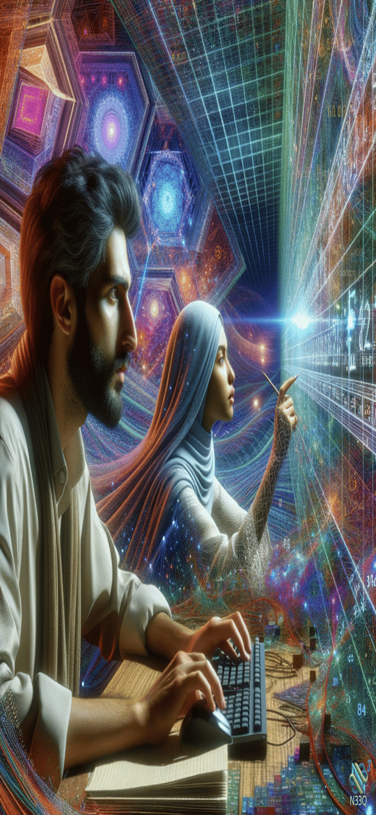Man and Woman in Cosmic Digital Interface