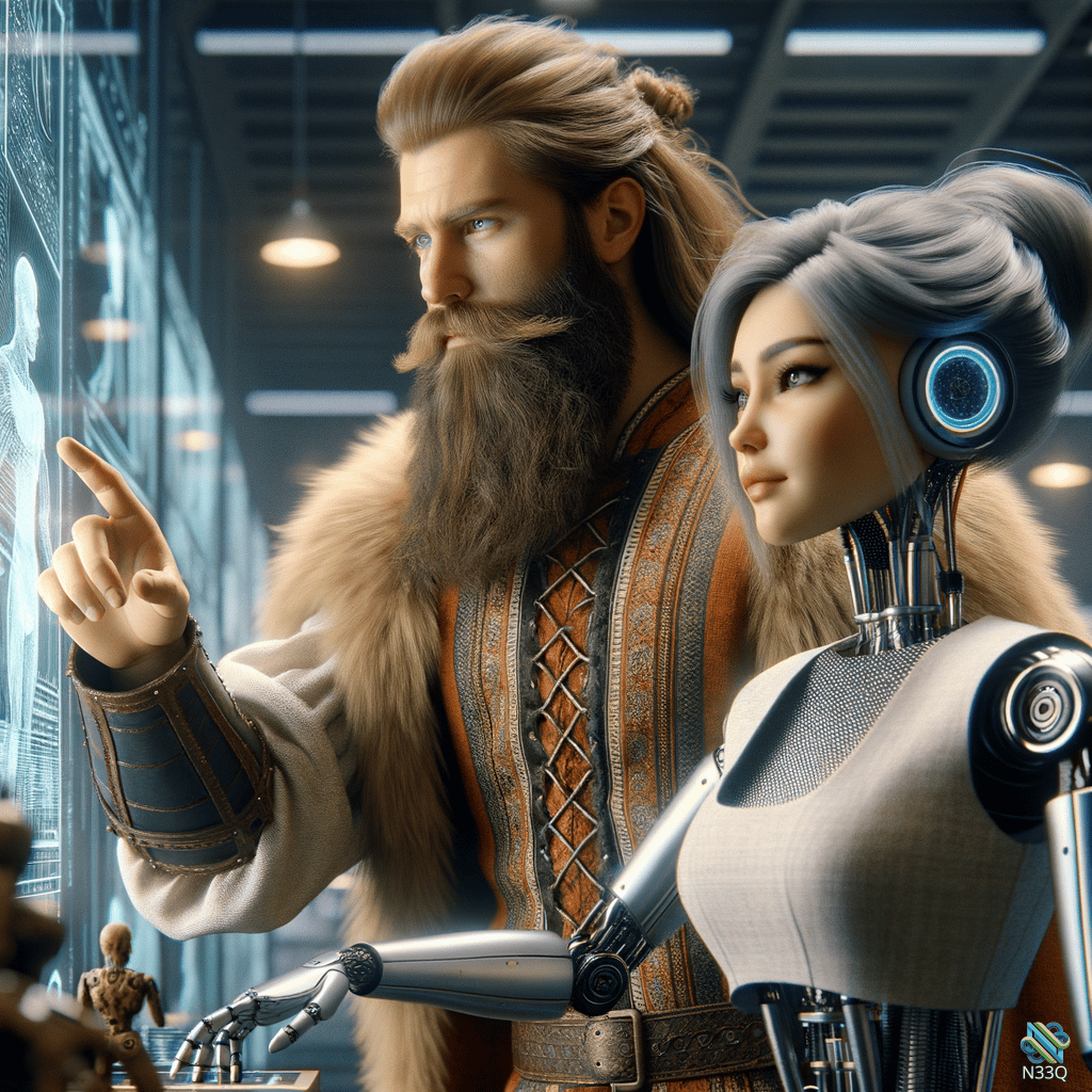 Bearded Man and Cyborg Woman Viewing Holograms