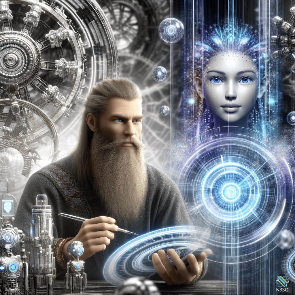 Bearded Artisan Crafting Holographic Woman