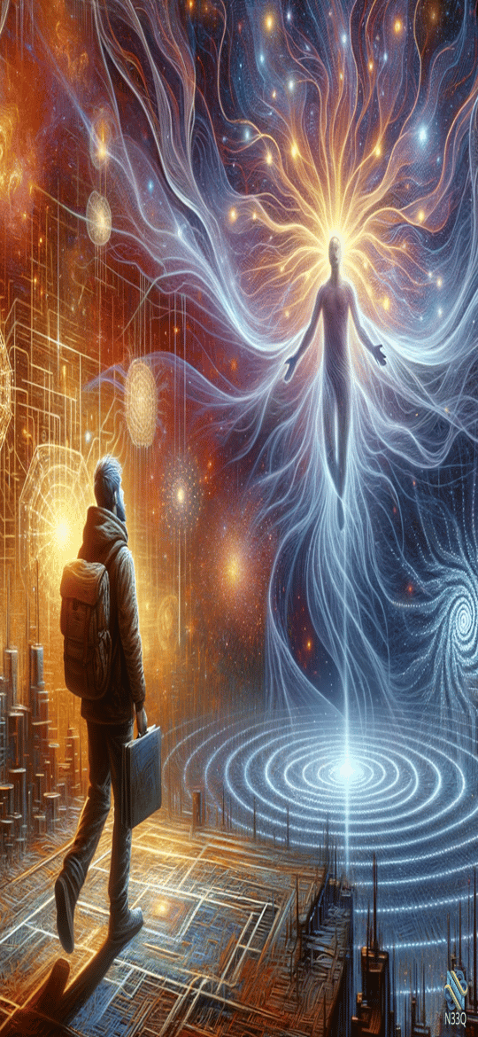 Man Approaching Radiant Cosmic Entity