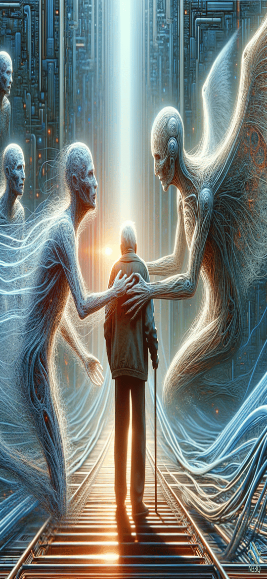Elderly Man Guided by Ethereal Beings