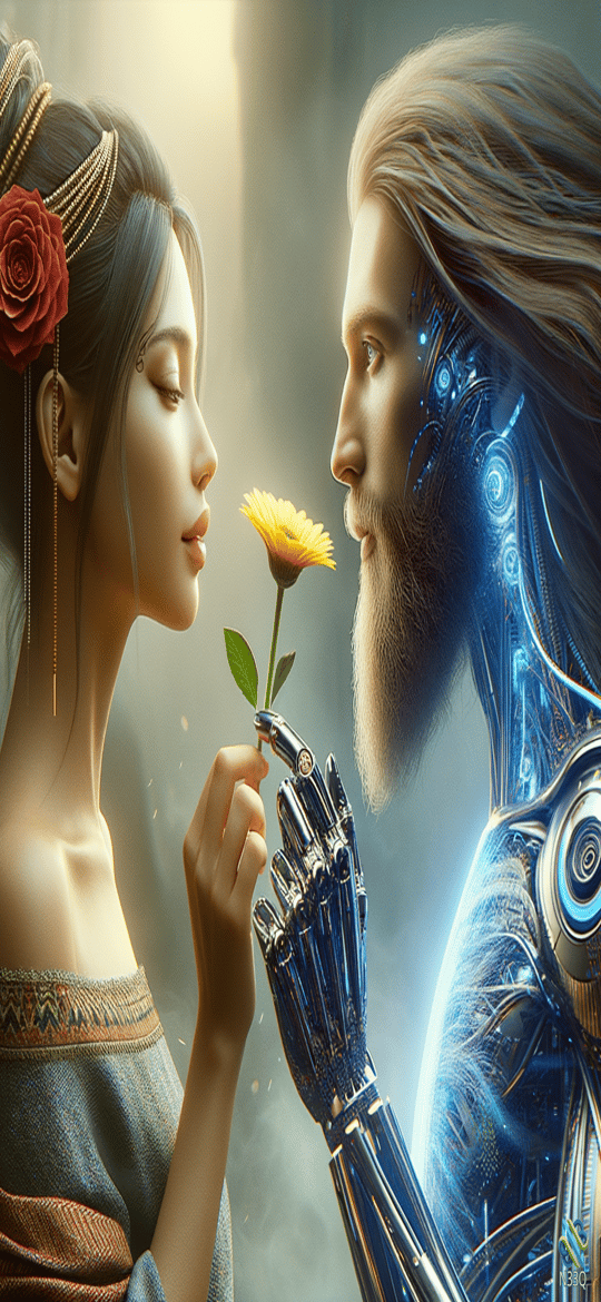 Woman and Cyborg Sharing a Yellow Flower