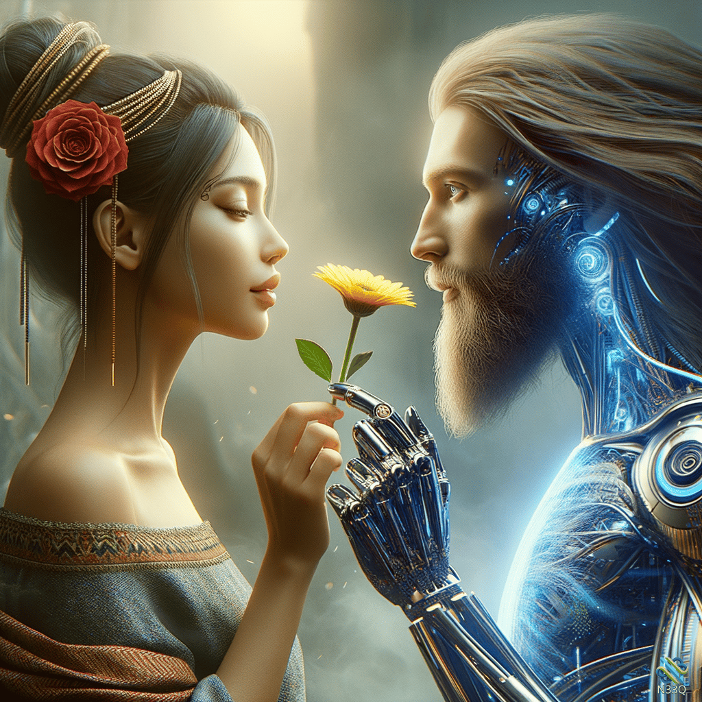 Woman and Cyborg Sharing a Yellow Flower