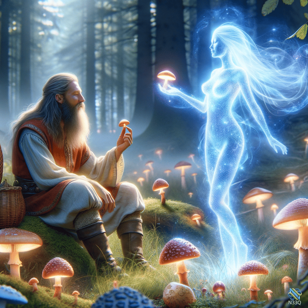 Bearded Man and Luminous Mushroom Spirit