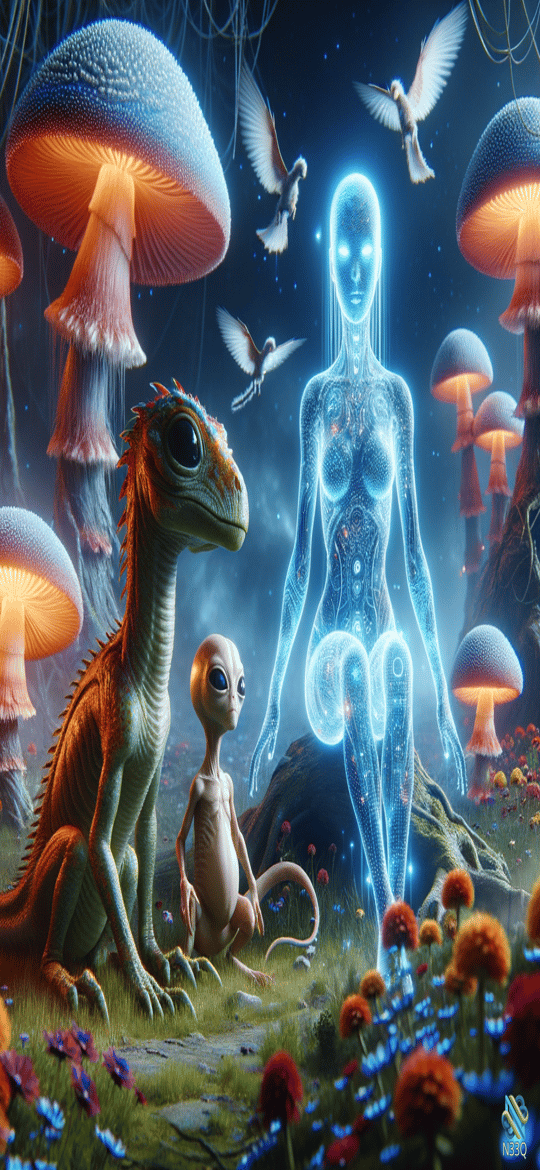 Holographic Woman and Aliens in Mushroom Forest