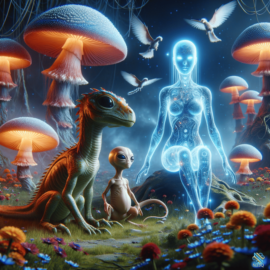 Holographic Woman and Aliens in Mushroom Forest