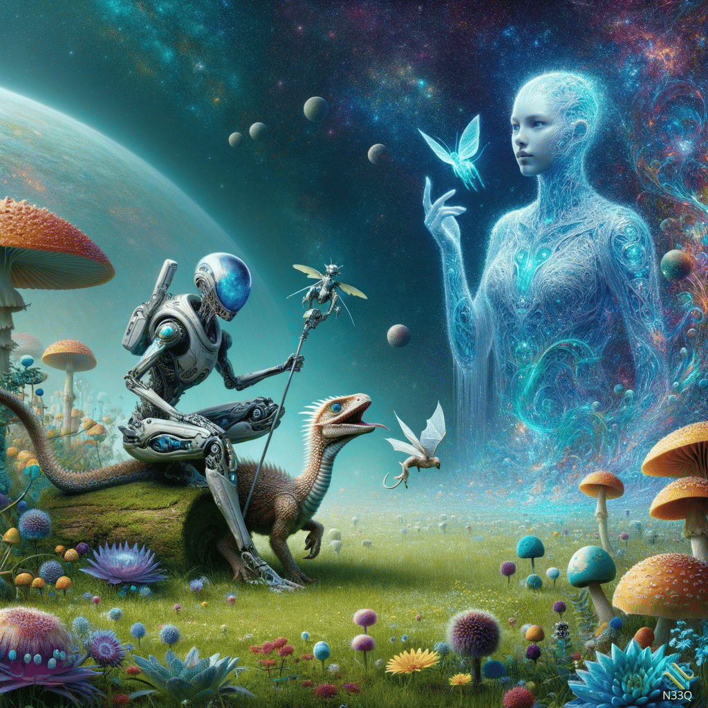 Cyborg with Dinosaur Facing Ethereal Blue Figure