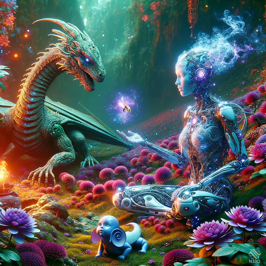 Dragon Meets Cyborg in Flower Garden