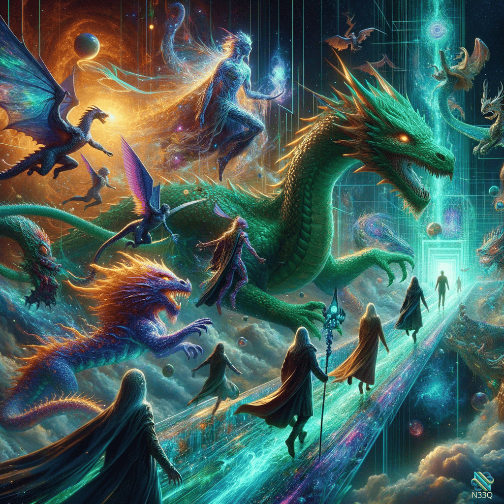 Green Dragon and Wizards Approaching Celestial Portal