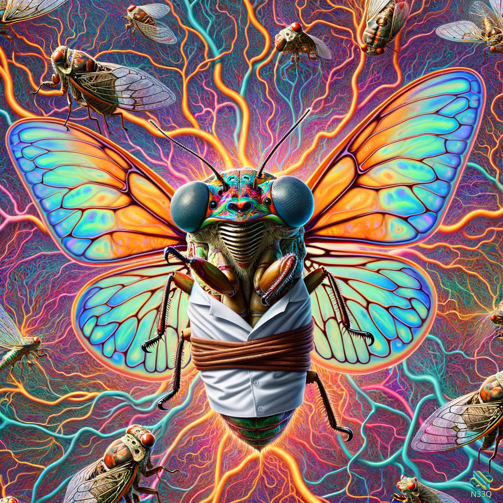 Cicada in Shirt Amid Neon Energy