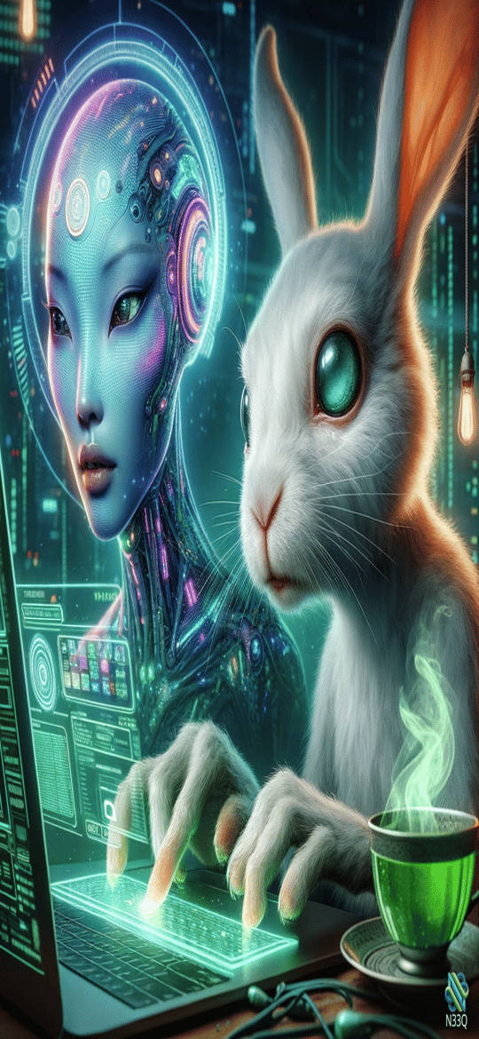 Cybernetic Woman and Rabbit at Neon Laptop