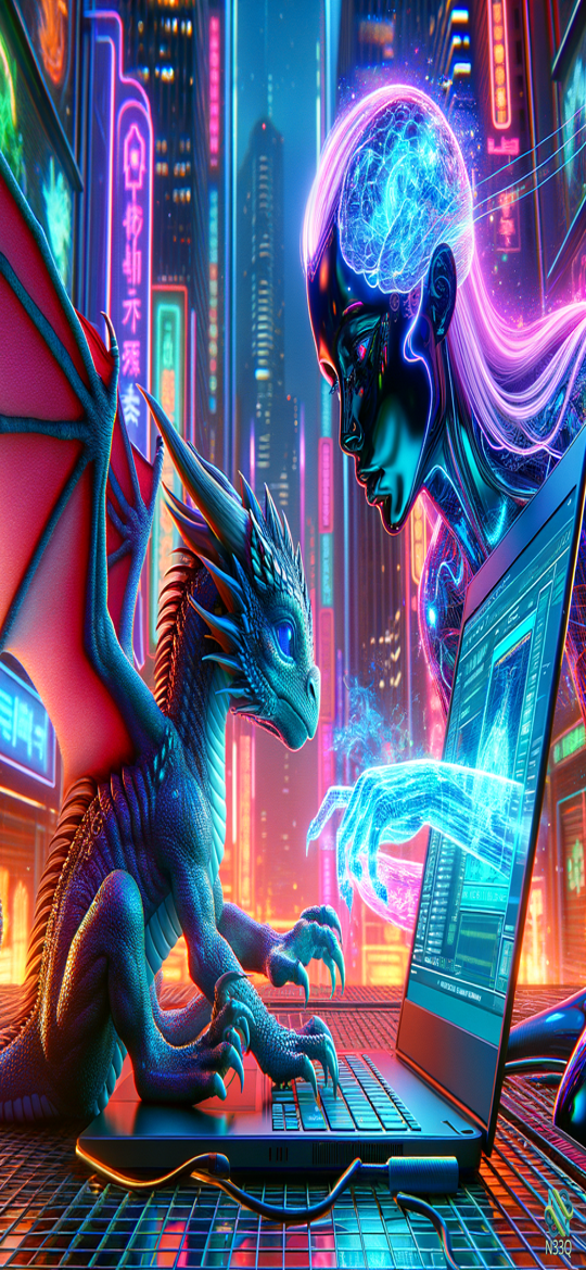 Neon Dragon and Cyber Brain on Laptop