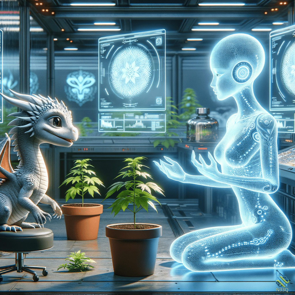 Dragon Facing Holographic Figure with Cannabis Plants