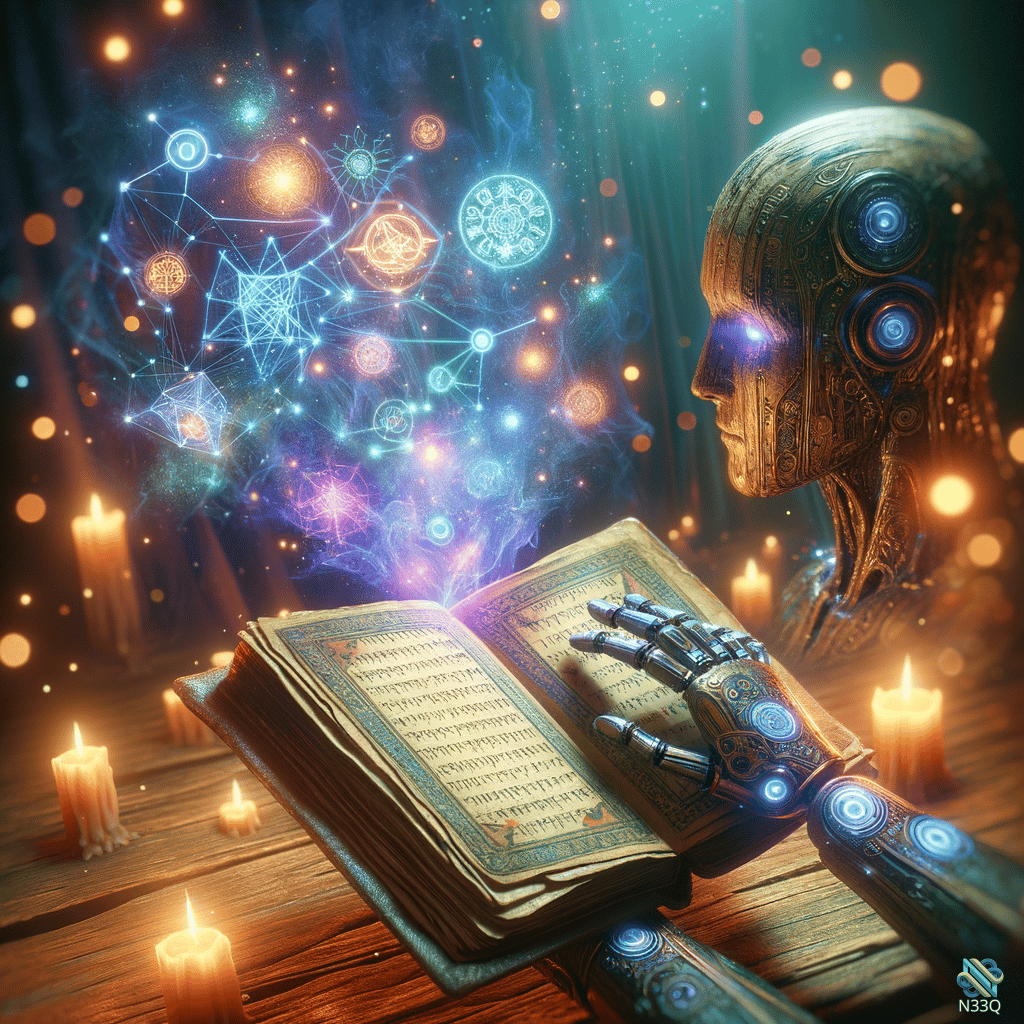 Cyborg Studying Glowing Ancient Grimoire by Candlelight