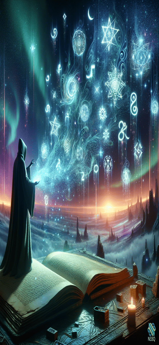Hooded Wizard Conjuring Symbols Over Open Book