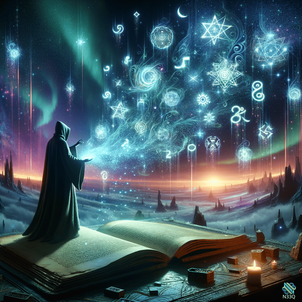 Hooded Wizard Conjuring Symbols Over Open Book