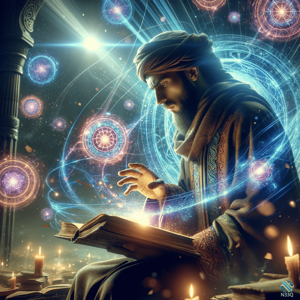 Mystic Scholar Reading Glowing Cosmic Book