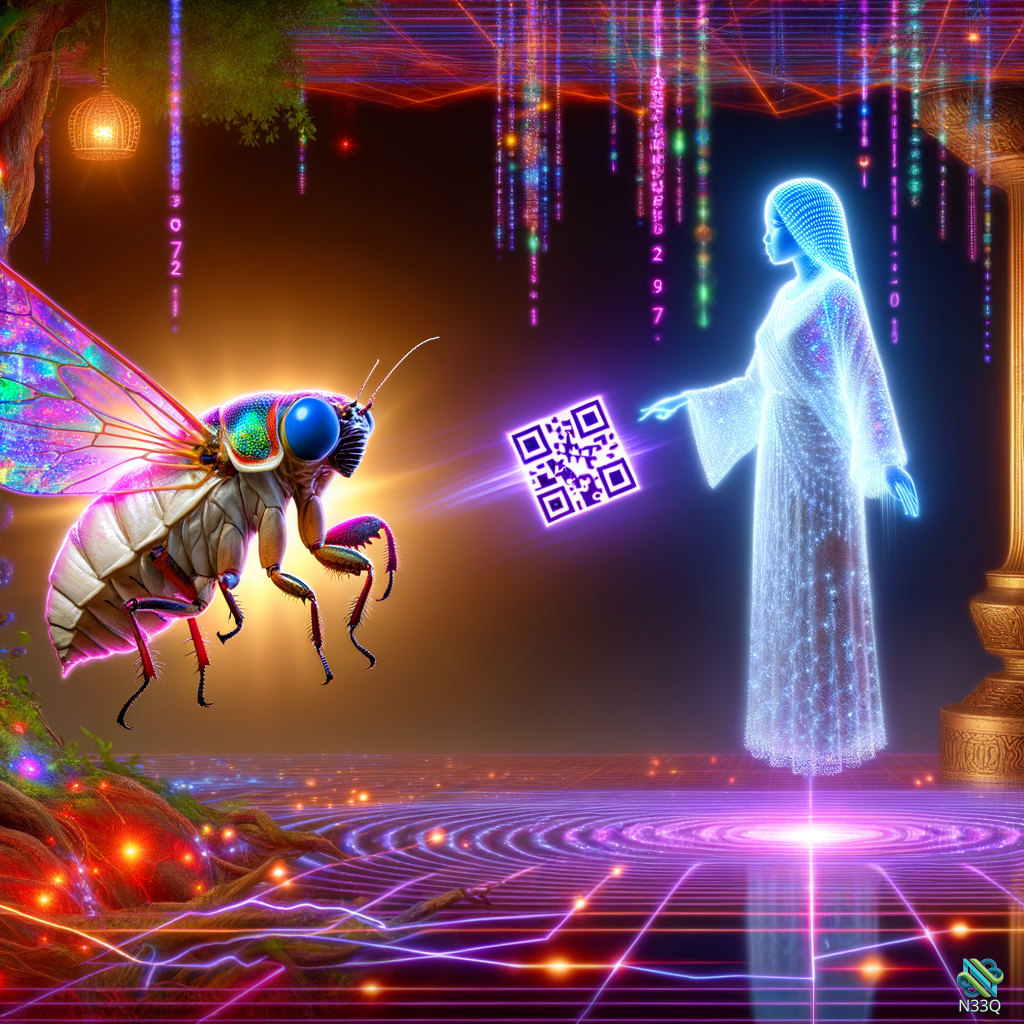 Neon Insect and Holographic Woman with QR Code