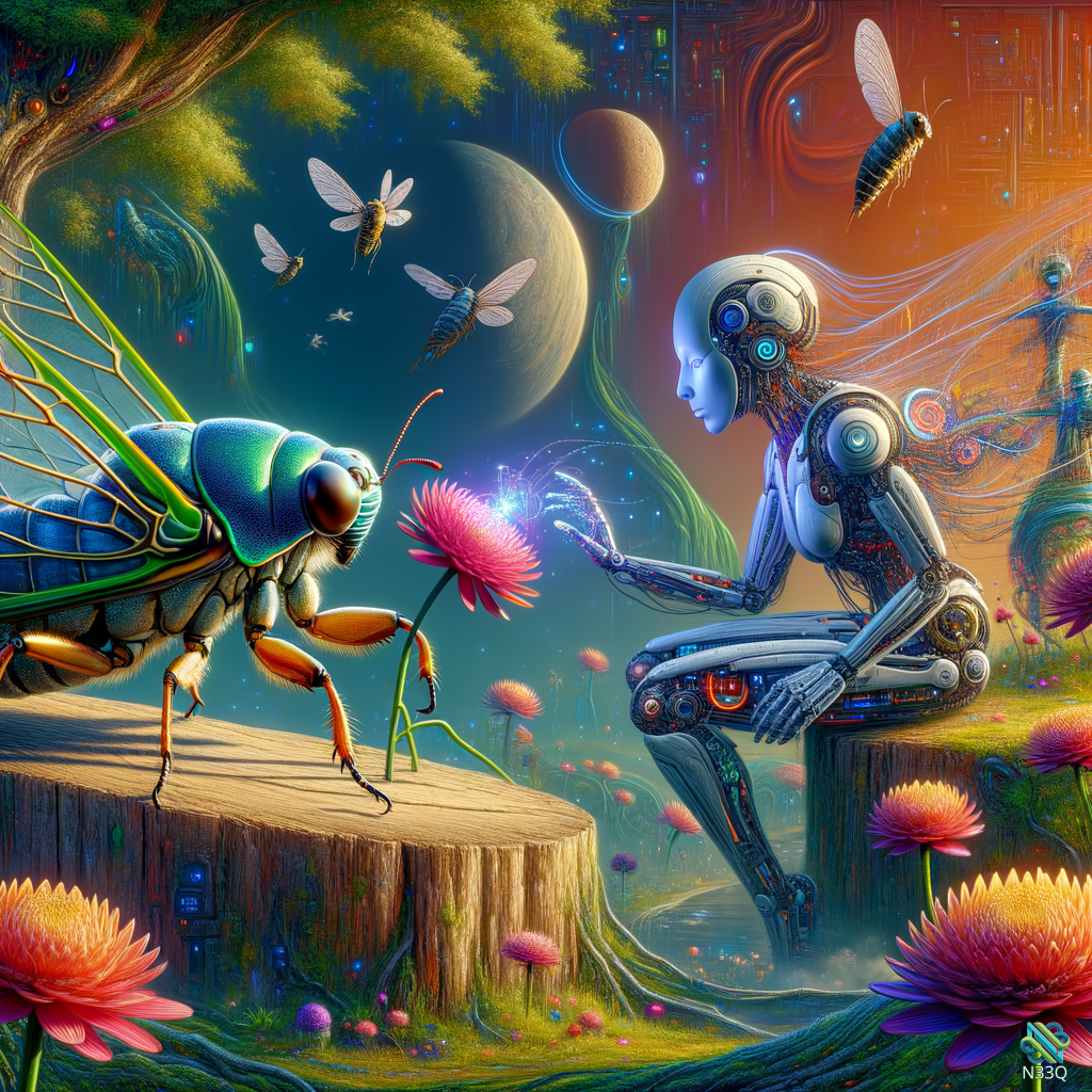 Robot Woman Meeting Mechanical Beetle in Cosmic Garden