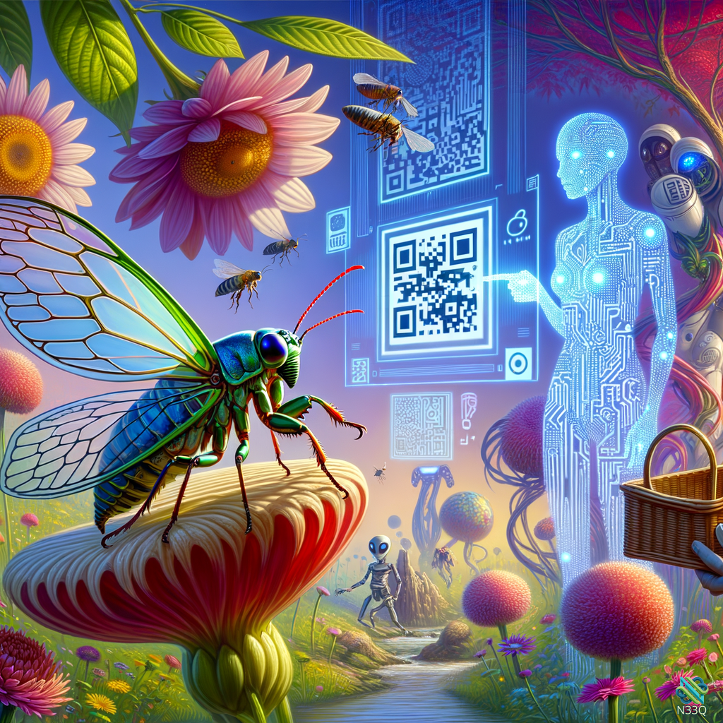 Iridescent Insect and Holographic Figure with QR Codes