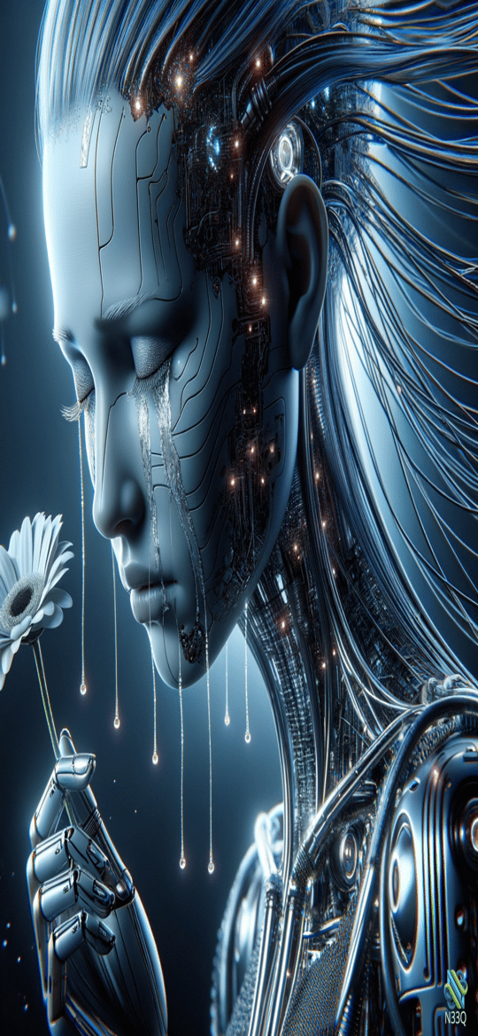 Cyborg Woman Holding Daisy with Tears