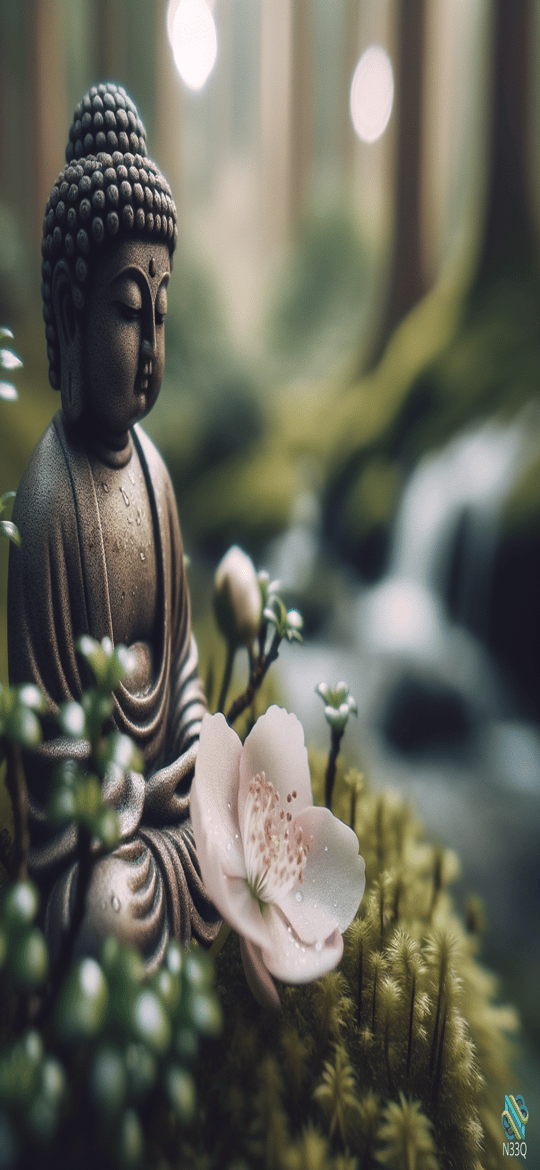 Buddha Statue with Cherry Blossom on Moss
