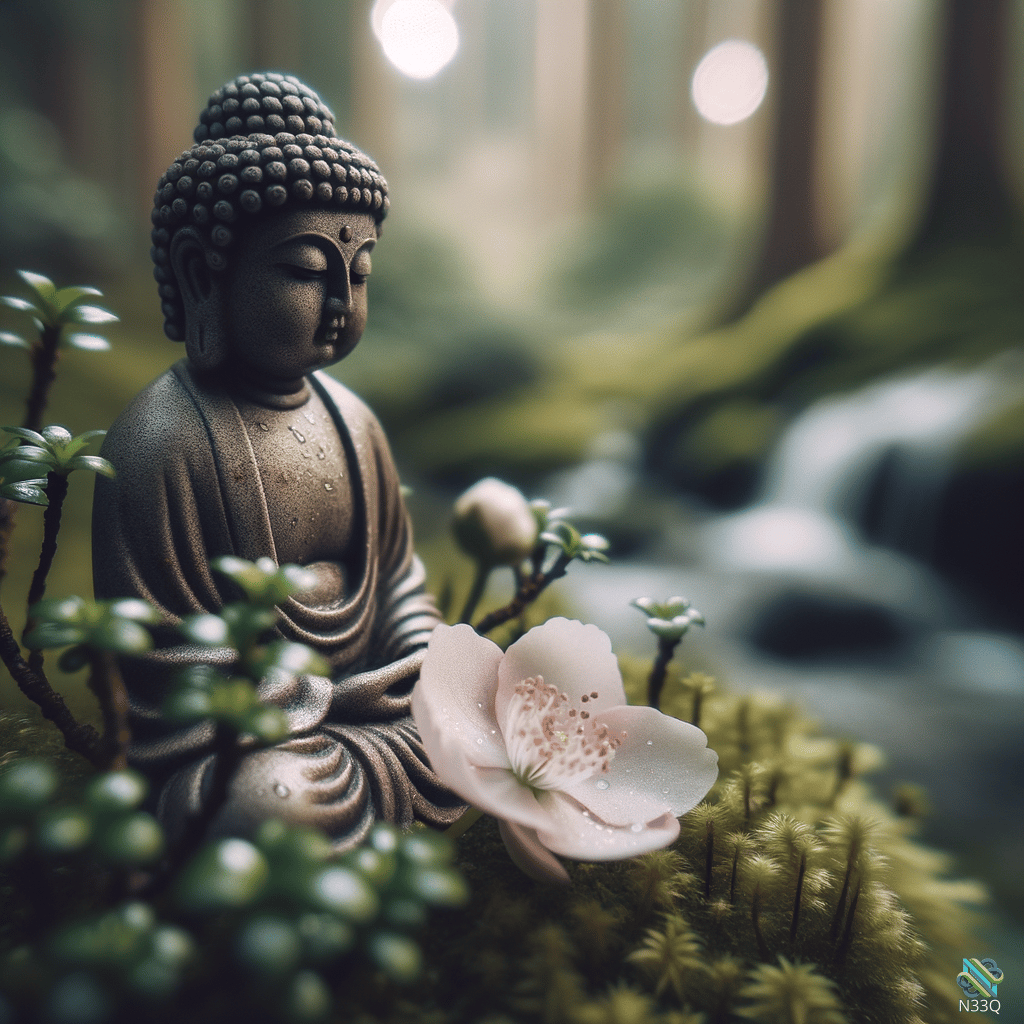 Buddha Statue with Cherry Blossom on Moss