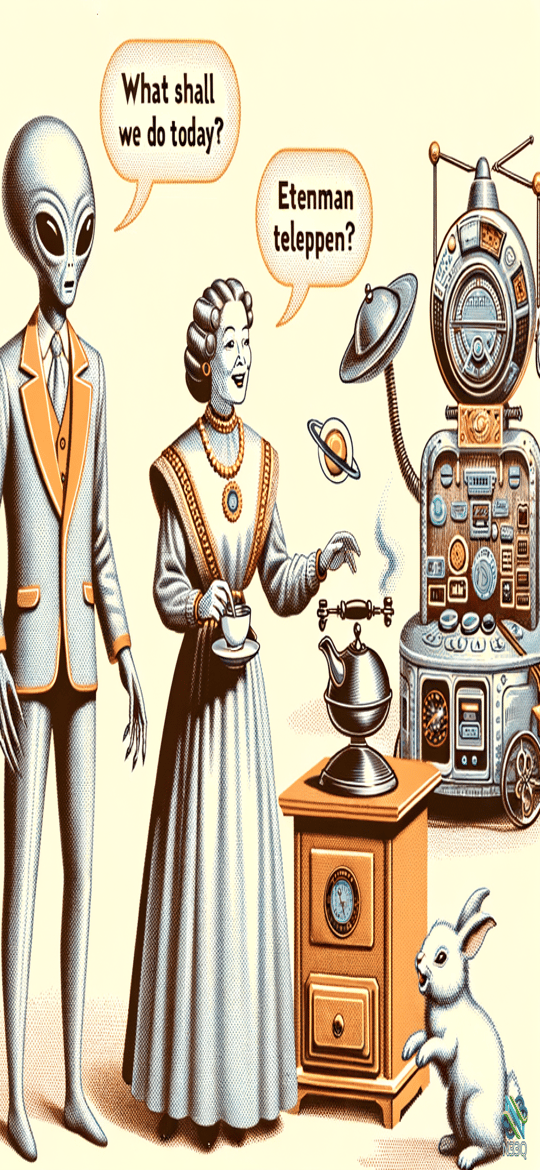 Gray Alien and Victorian Woman with Robot