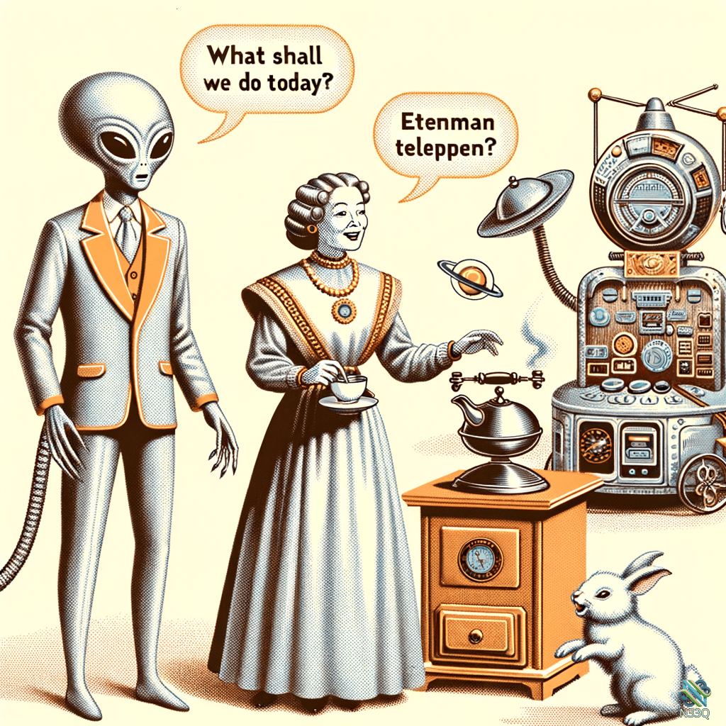Gray Alien and Victorian Woman with Robot